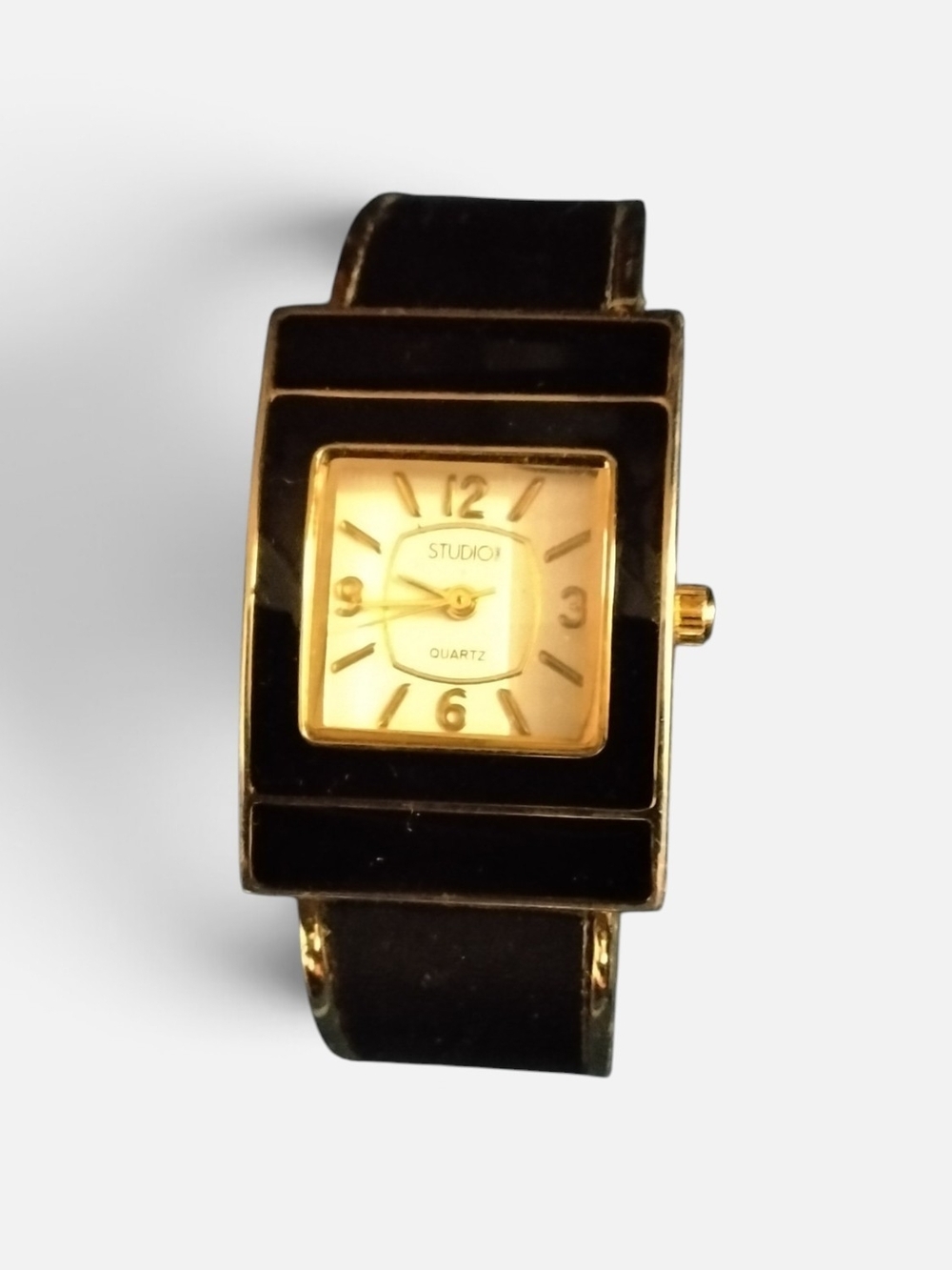 Studio Black and Gold Enamel Cuff Women's Rectangular Dress Watch